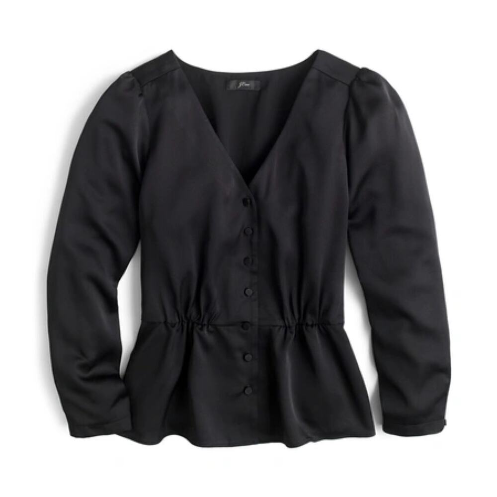 NWT J. Crew Satin Black Crepe Button Front Blouse 4 Work Office Career Minimal